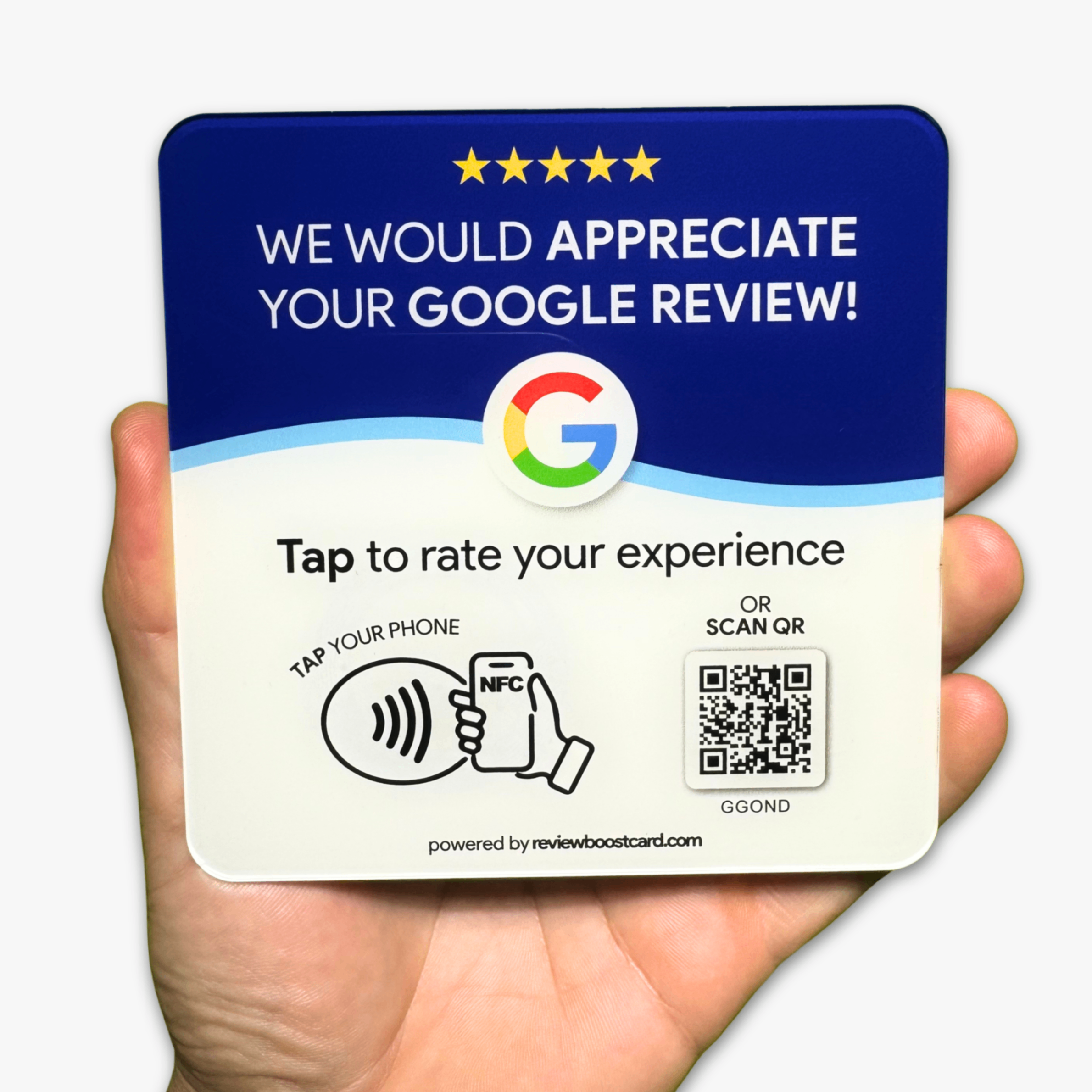 A hand holding a square card that encourages customers to leave a Google review. The card is predominantly blue and white, with a colorful Google logo in the center. It features the text, 
