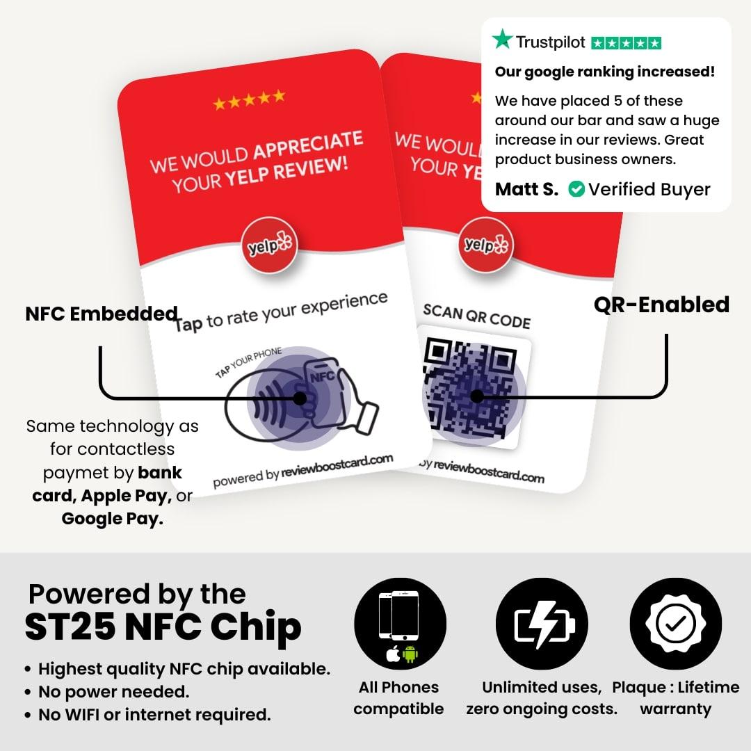 Yelp review cards with NFC and QR code features. The cards have a 5-star design, Yelp logo, and text prompting customers to tap their phone or scan the QR code to leave a review. The cards use the ST25 NFC chip, require no power or internet, and come with a lifetime warranty