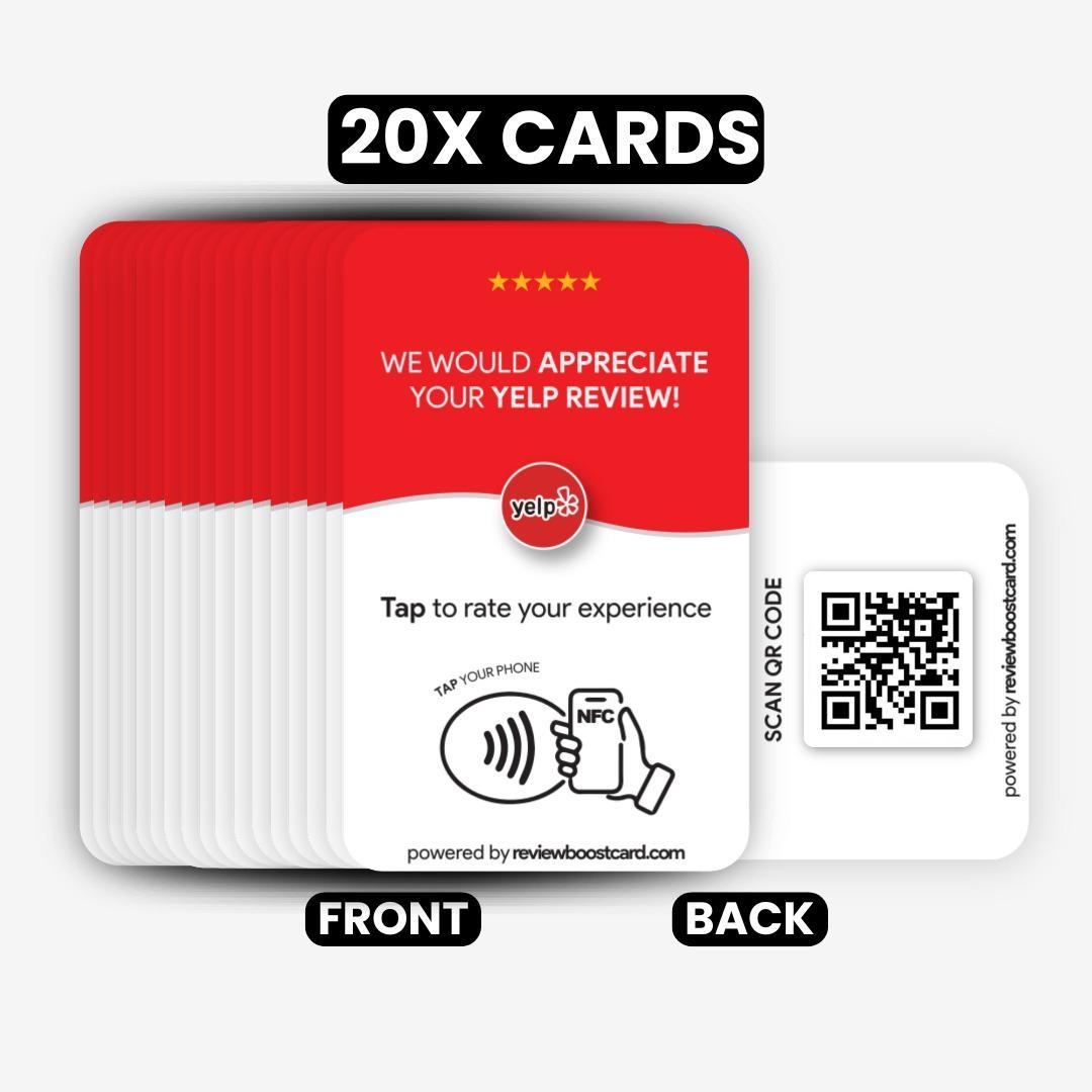 Front and back view of a pack of 20 ReviewBoost cards for Yelp reviews. The front side includes a Google Review logo, NFC tap icon, and QR code, while the back side displays a QR code for scanning