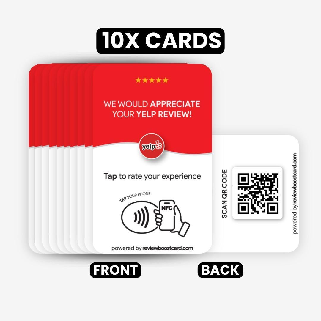 Front and back view of a pack of 10 ReviewBoost cards for Yelp reviews. The front side includes a Google Review logo, NFC tap icon, and QR code, while the back side displays a QR code for scanning