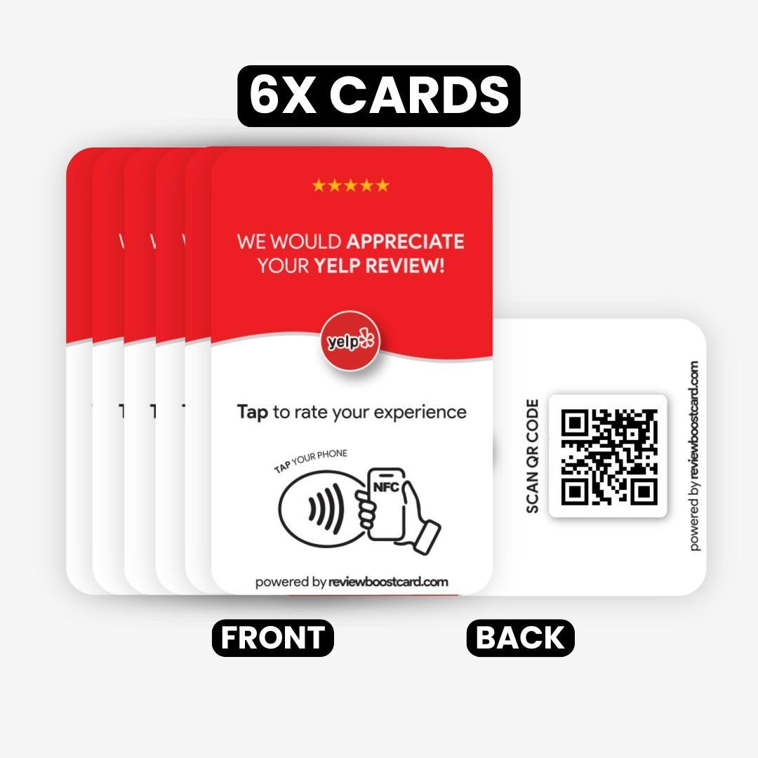 Front and back view of a pack of 6 ReviewBoost cards for Yelp reviews. The front side includes a Google Review logo, NFC tap icon, and QR code, while the back side displays a QR code for scanning