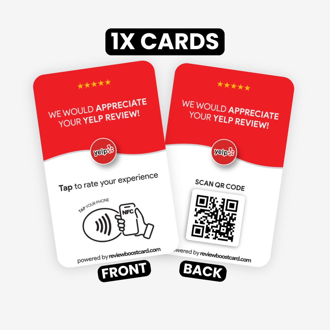 A pair of Yelp review cards showing the front with the NFC-enabled Google review request and the back with a QR code for scanning