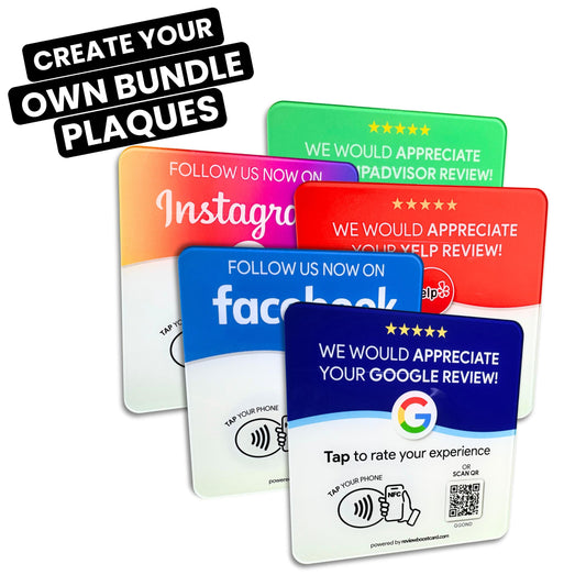 image features five brightly colored review plaques for Instagram, Facebook, TripAdvisor, Yelp, and Google Reviews. Each plaque includes an NFC and QR code for easy tapping or scanning to leave a review, emphasizing the customization option for businesses to choose their preferred review platforms